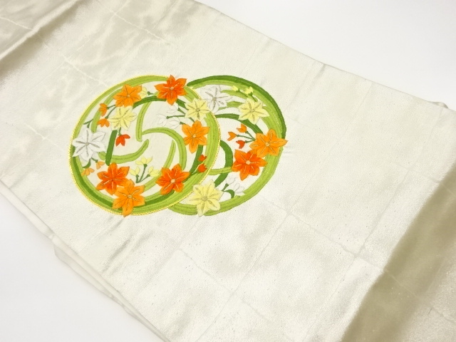 リサイクル　花丸文に格子模様刺繍名古屋帯